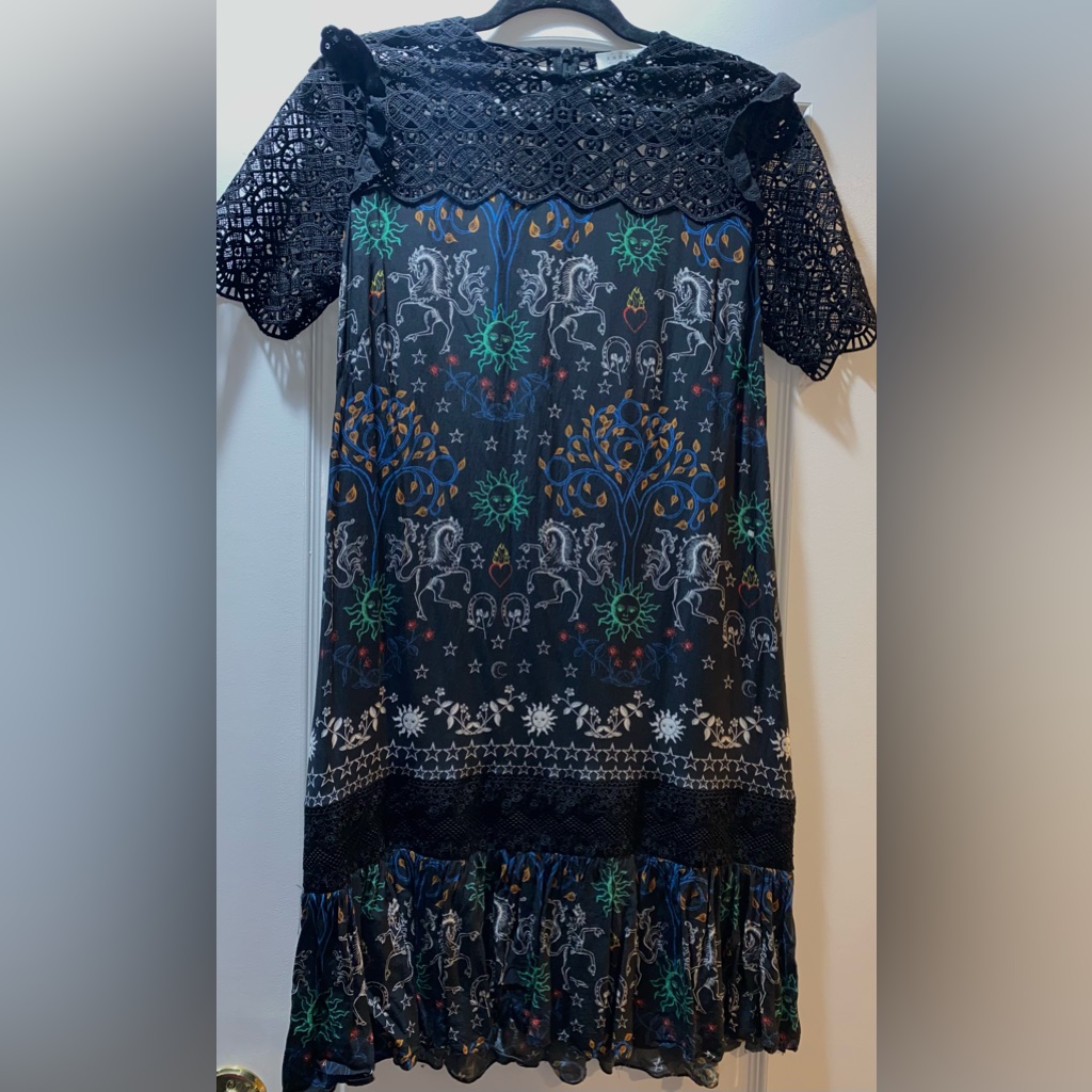 Sandro Black And Multicolored Bohemian Print Shift Lace Dress